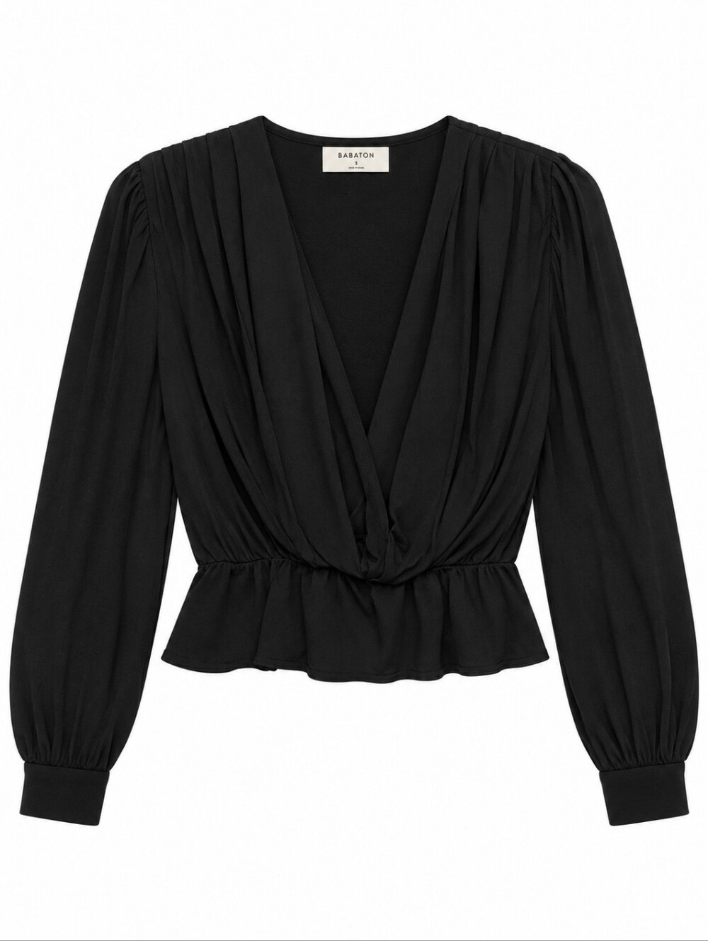 Babaton Black Draped V-Neck Peplum Blouse